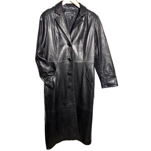 Long Black Leather Coat Women’s XL Button Front Pockets Lined Buttery Soft Y2K